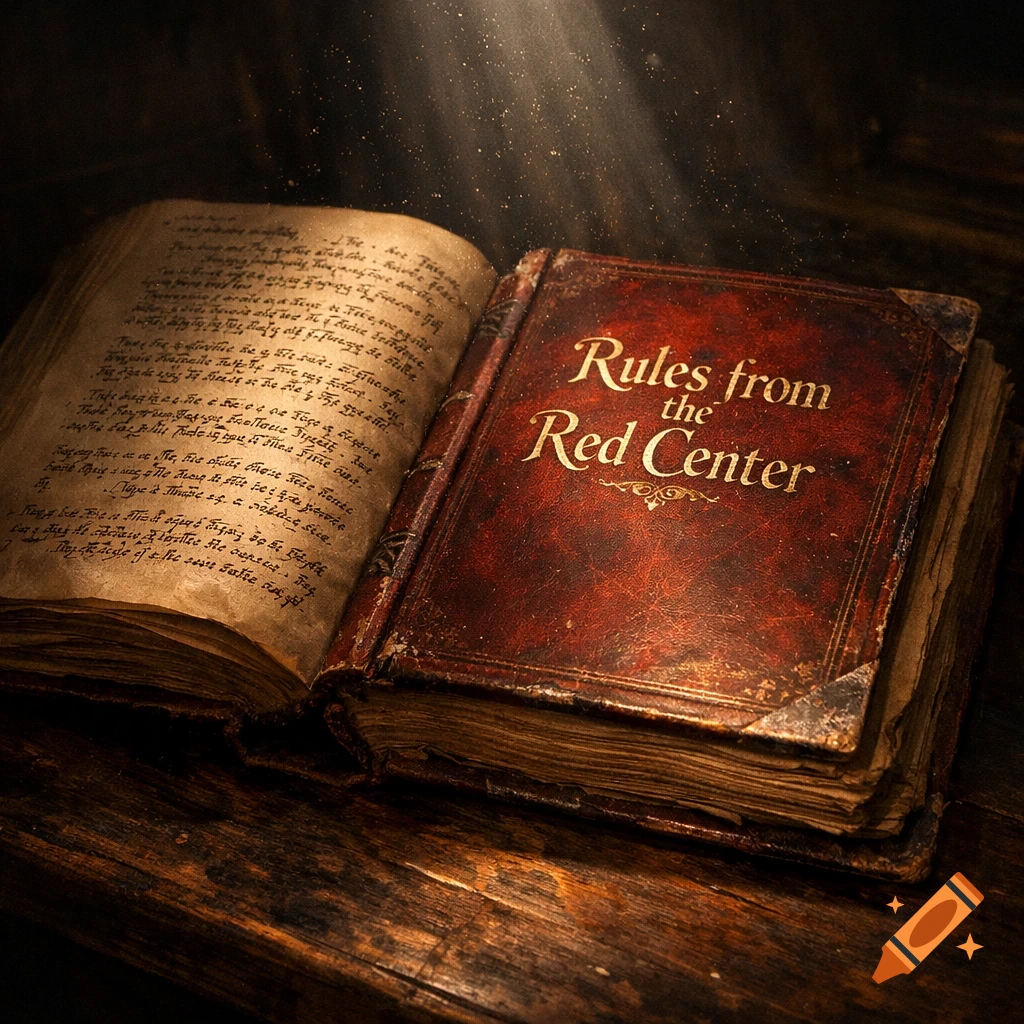 An old, worn red leather book titled 'Rules from the Red Center' lies open on a dark wooden table, illuminated by a ray of light.