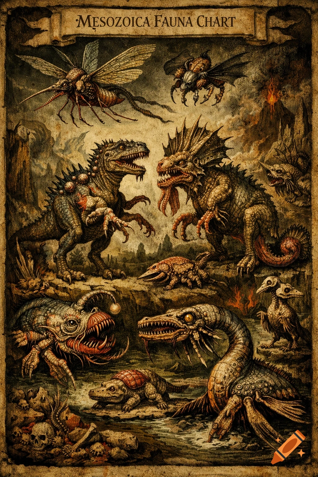 Vintage-style chart depicting a variety of detailed Mesozoic fauna, including large dinosaurs, flying insects, and sea creatures.