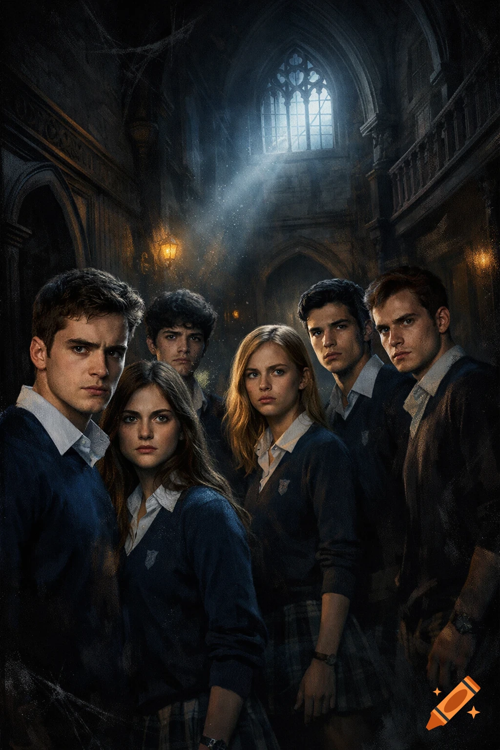 Six serious-looking young adults in school uniforms pose in a dark, gothic building.