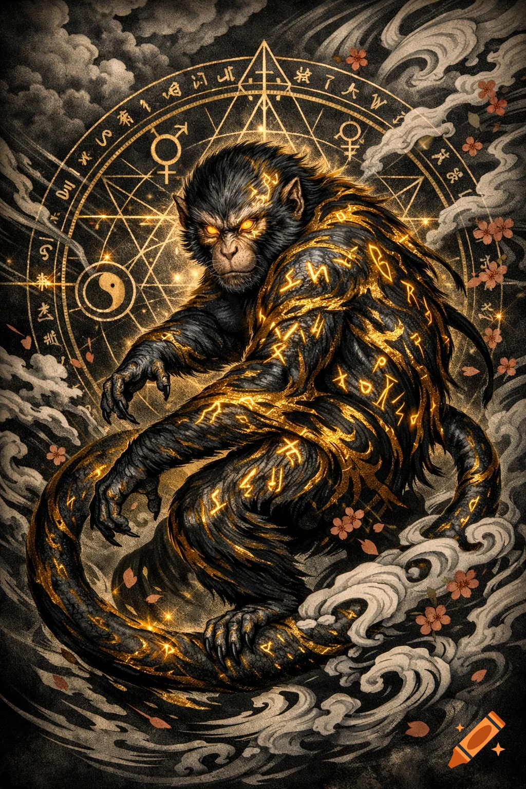A majestic dark monkey with glowing gold runes and intense eyes, against a golden alchemical circle and smoke waves.