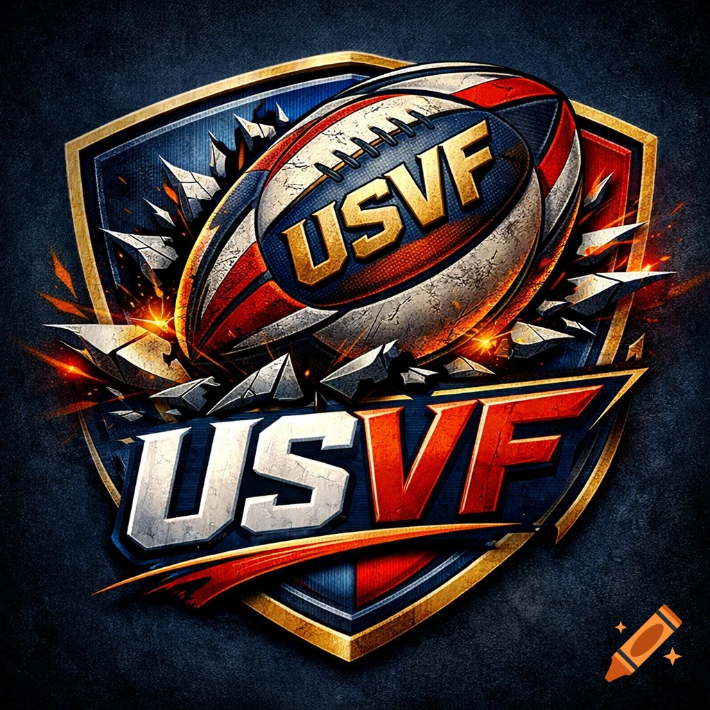 A dynamic sports logo featuring a rugby ball with 'USVF' in gold, bursting through a blue and gold shield, with metallic 'USVF' below.