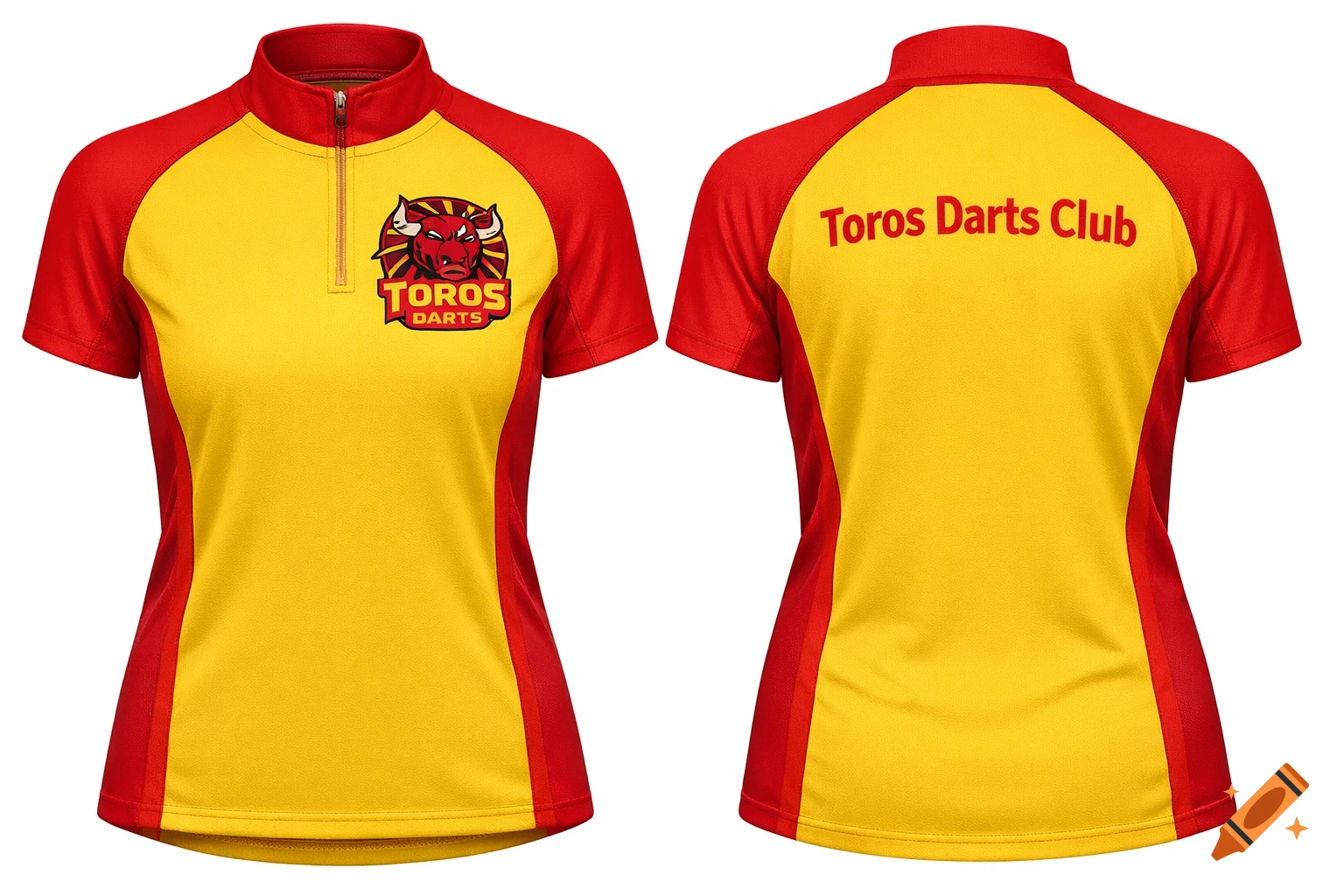 Front and back view of a yellow and red short-sleeve sports jersey with a Toros Darts bull logo on the front and "Toros Darts Club" on the back.