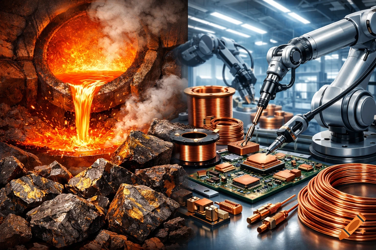 Industrial scene depicting molten copper pouring from a furnace into raw ore, and robotic arms assembling circuit boards with copper components.