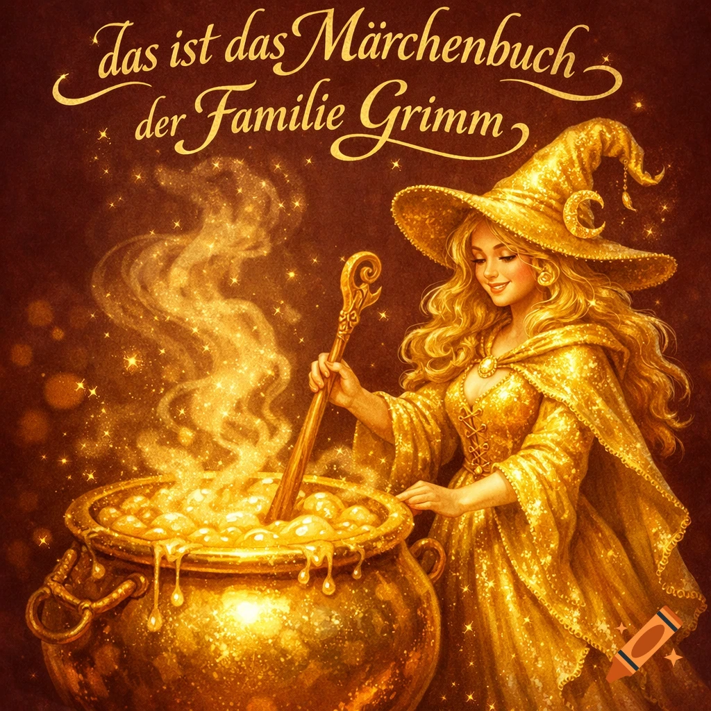 A golden witch with long blonde hair stirring a sparkling golden cauldron, with golden text "das ist das Märchenbuch der Familie Grimm" above.