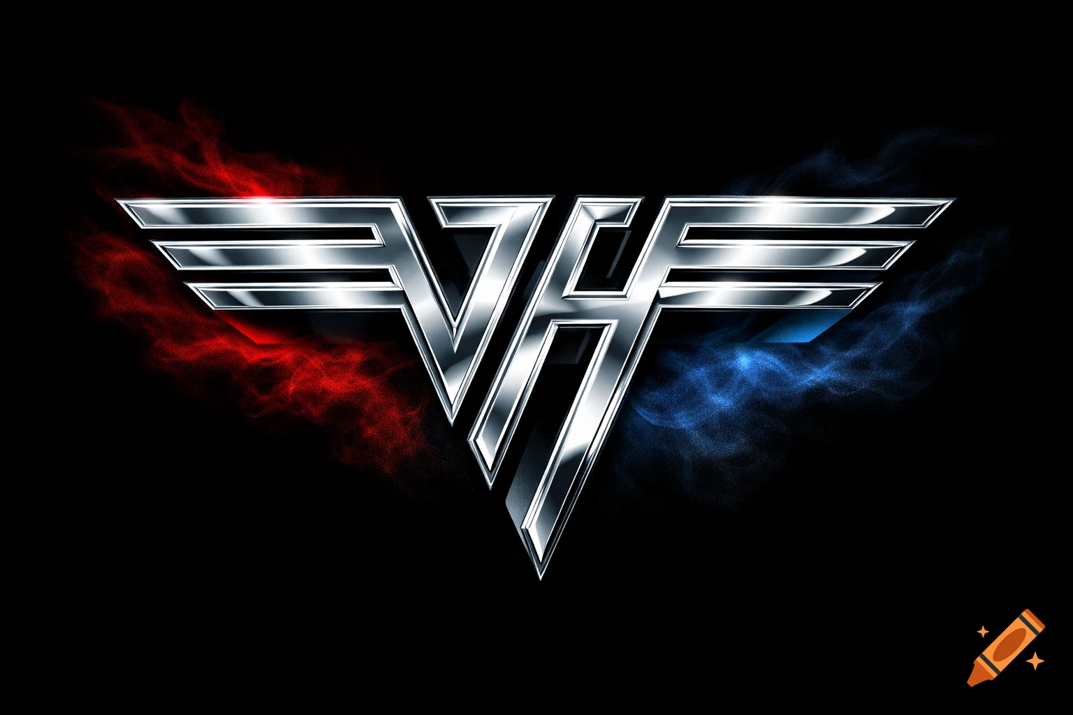 Metallic Van Halen 'VH' logo with red and blue smoke effects on a black background.