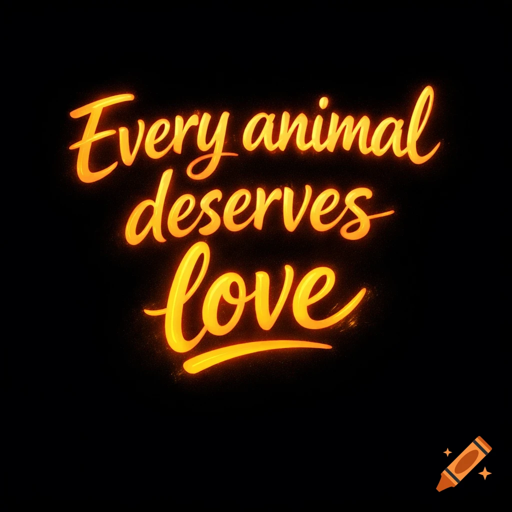 Glowing orange cursive text on a black background reads 'Every animal deserves love'.