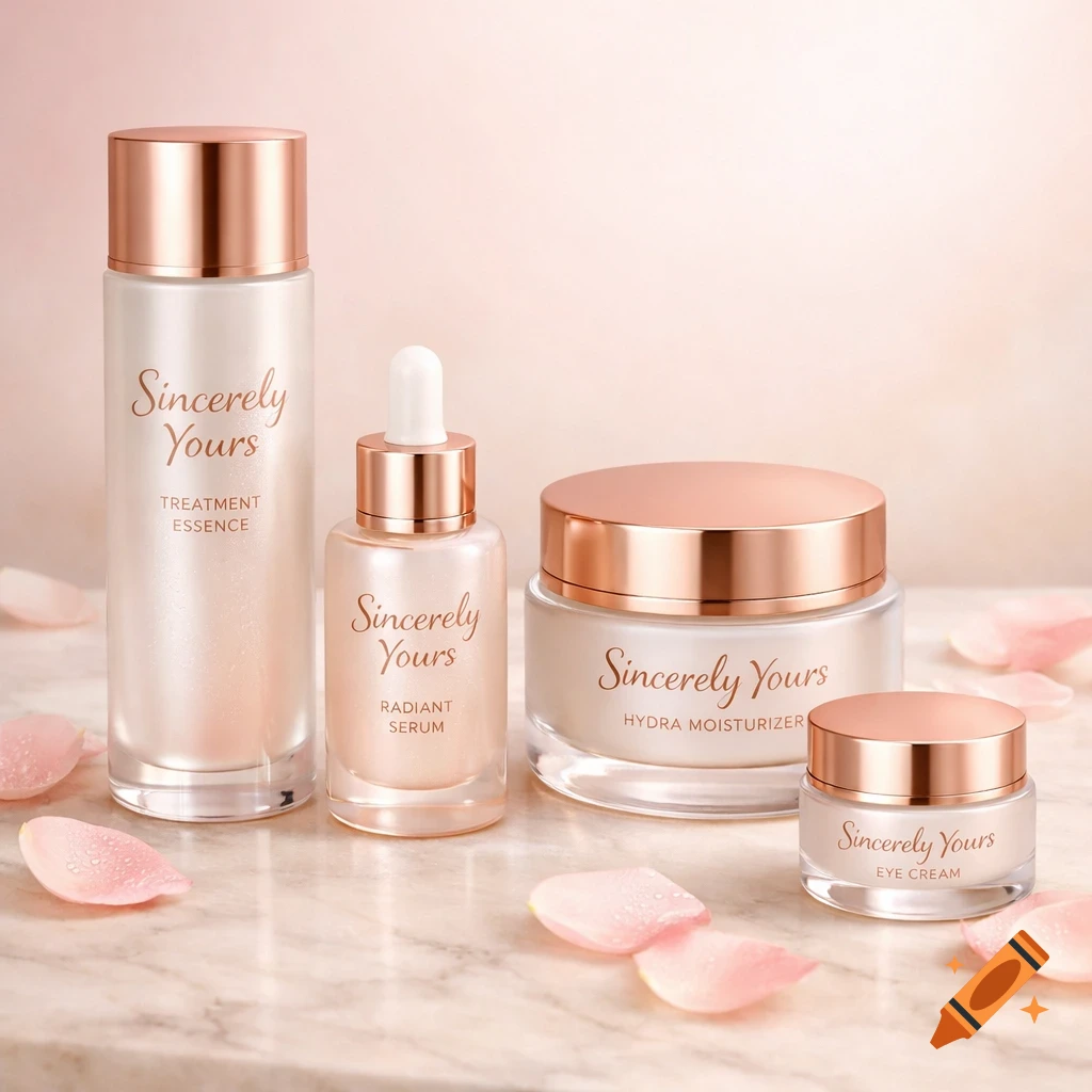 A set of four 'Sincerely Yours' skincare products with rose gold lids, including essence, serum, moisturizer, and eye cream, on a marble surface with pink petals.