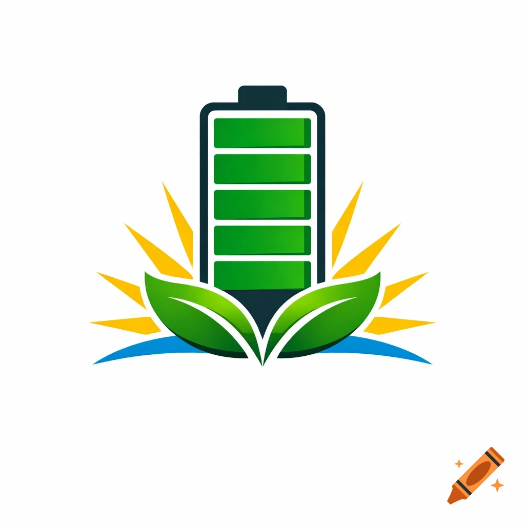 Minimalist logo of a green battery powered by yellow sun rays and green leaves, symbolizing eco-friendly energy.