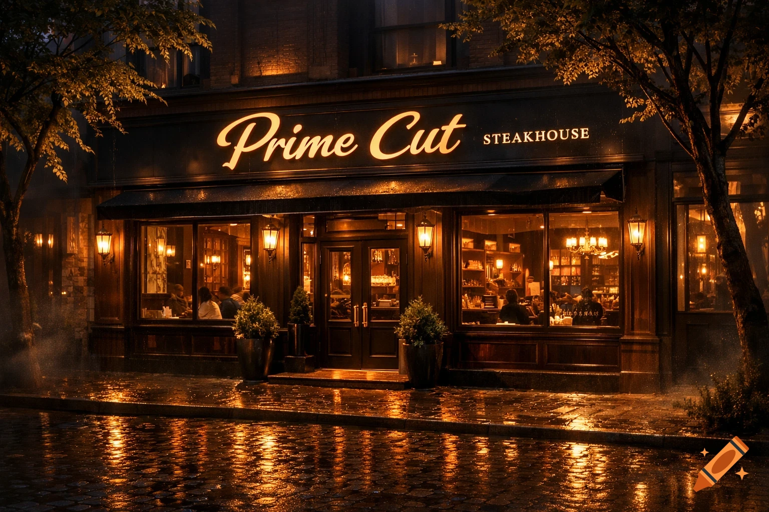 Photorealistic exterior view of 'Prime Cut Steakhouse' at night, with rain on the wet cobblestone street reflecting warm lights.