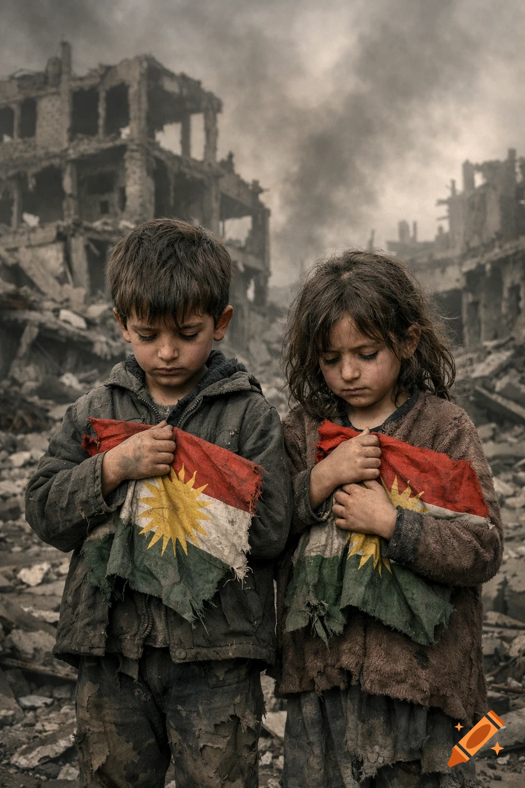 Two sad, dirty children hold tattered Kurdish flags, standing amidst rubble and destroyed buildings under a cloudy, smoky sky.