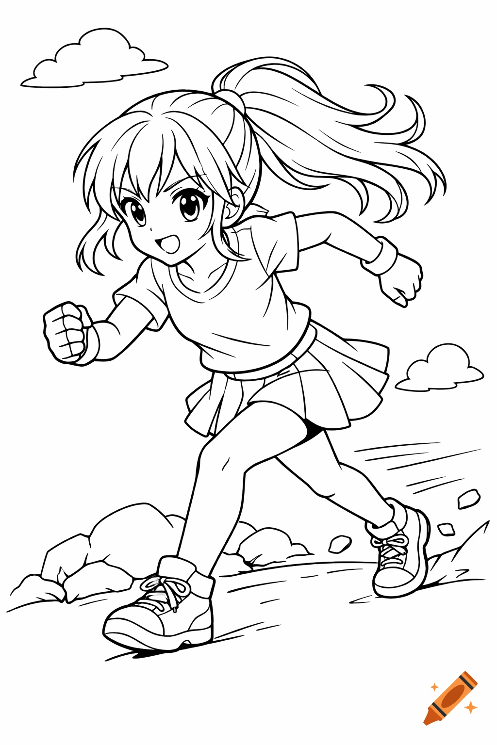 Anime style black and white line art of a girl with a ponytail running outdoors.