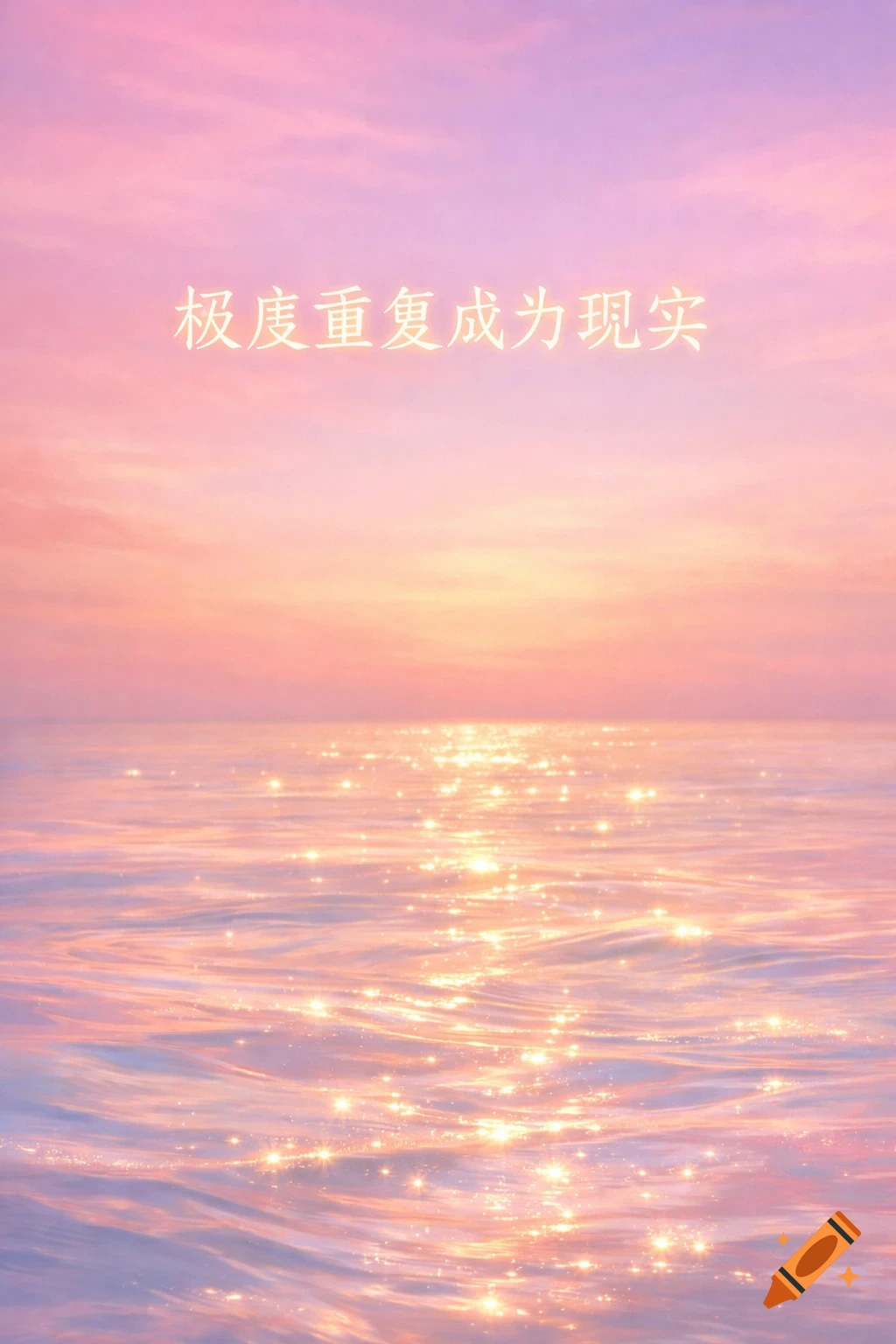 Sparkling pink and blue water under a dreamy pink and orange gradient sky with Chinese text.