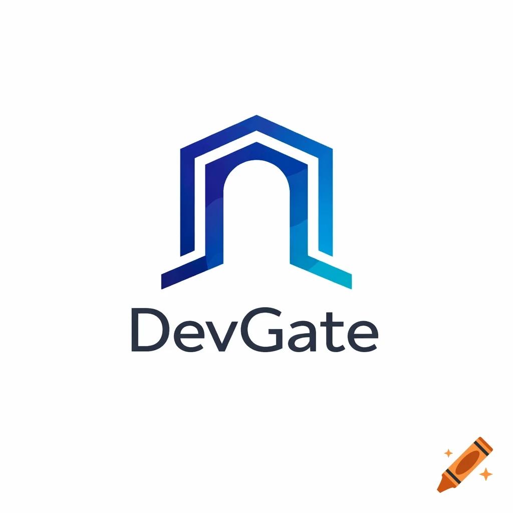 Blue and white abstract logo featuring an arch-like symbol and the text 'DevGate'.
