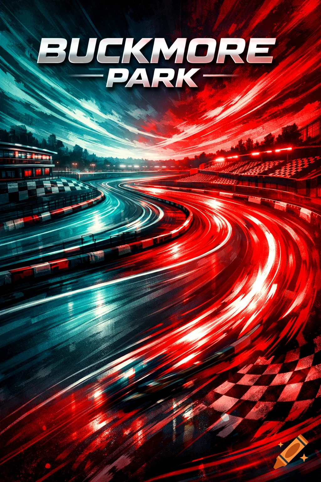 Stylized poster of Buckmore Park race track with bright teal and red light trails and speed lines.