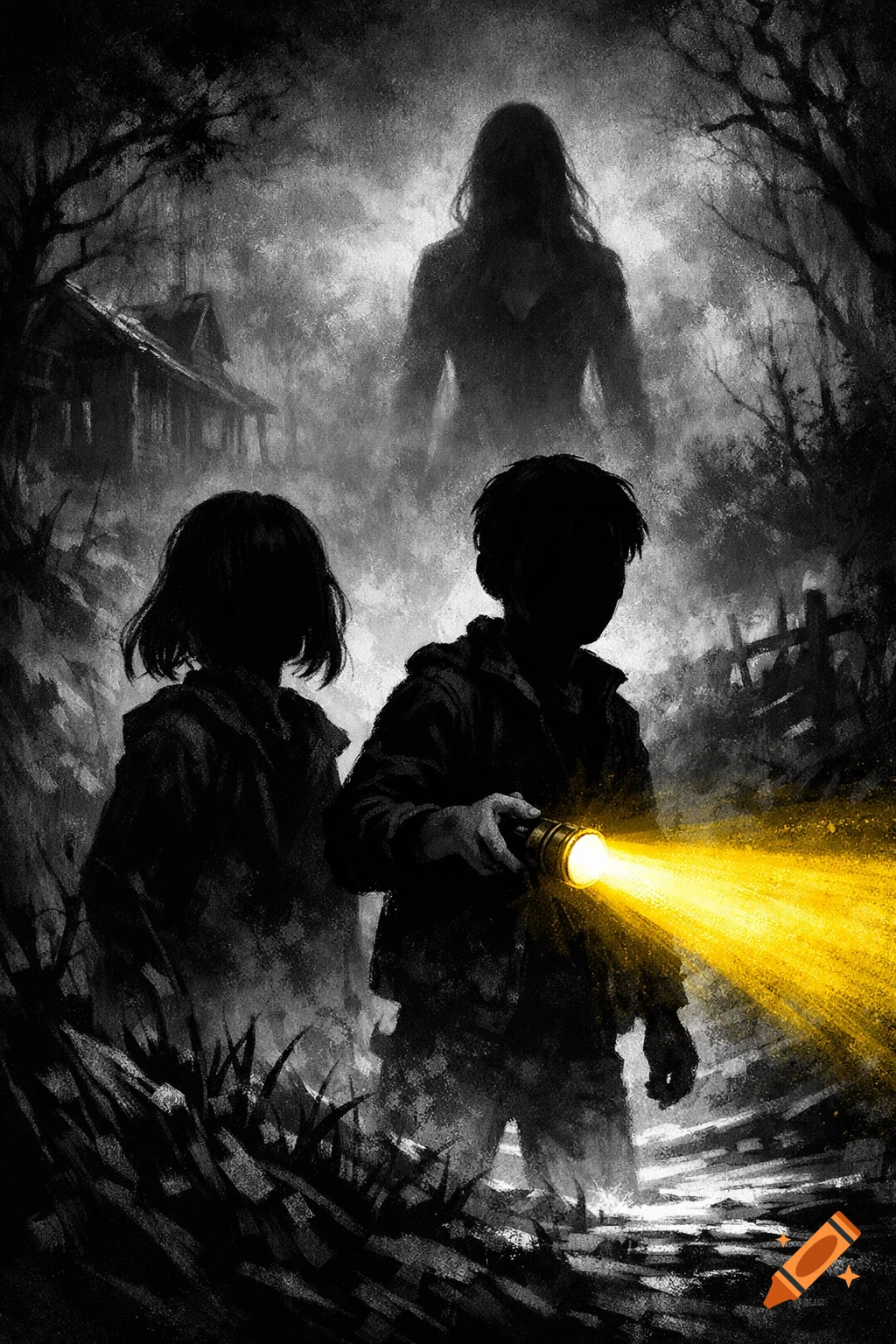 Silhouetted children with a yellow flashlight in a dark, misty forest, with a ghostly figure and old house behind them, in an adventure horror style.