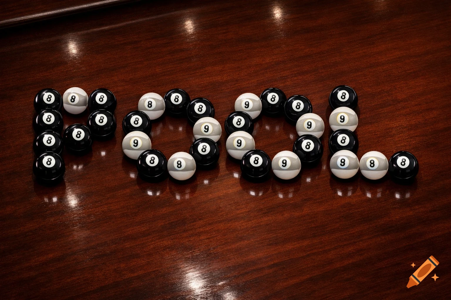 The word POOL spelled out with black 8-balls and white 9-balls on a polished wooden surface.