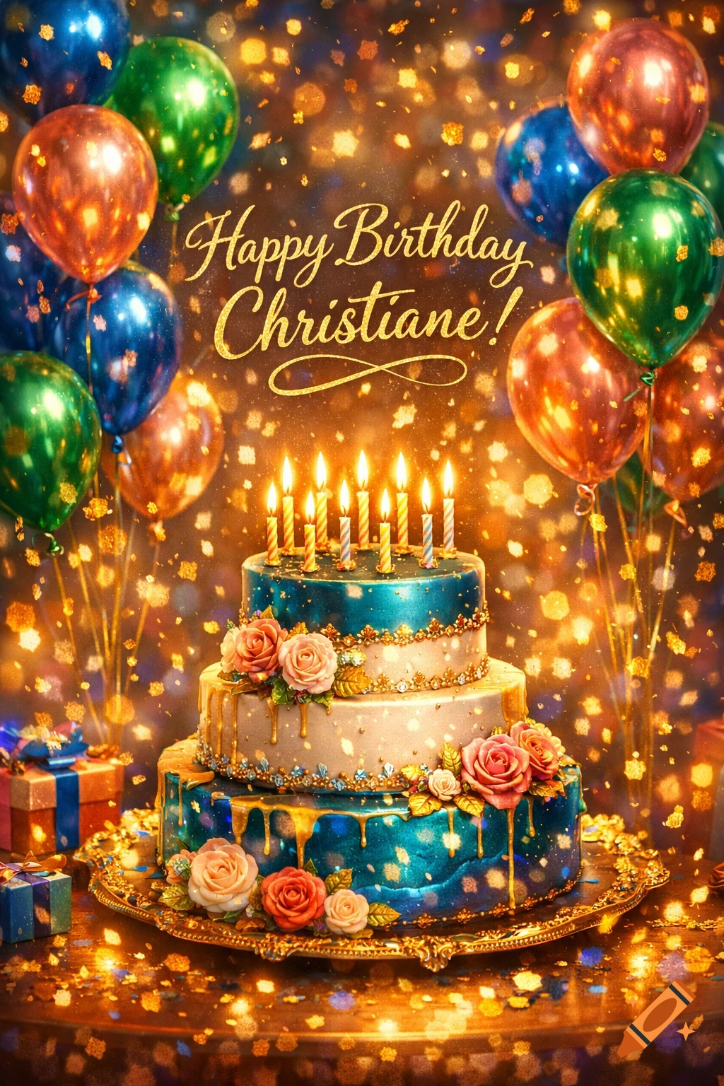 A vibrant three-tiered birthday cake with lit candles, pink and orange roses, golden dripping icing, surrounded by balloons and confetti, with 'Happy Birthday Christiane!' text.
