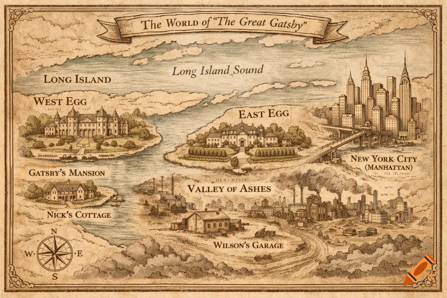 Vintage illustrated map of Long Island and New York City, depicting locations from The Great Gatsby like West Egg, East Egg, Valley of Ashes, and Manhattan, in sepia tones.