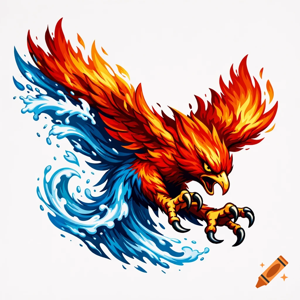 A vibrant, stylized phoenix, half fire and half water, with spread wings and claws, in a dynamic, attacking pose.