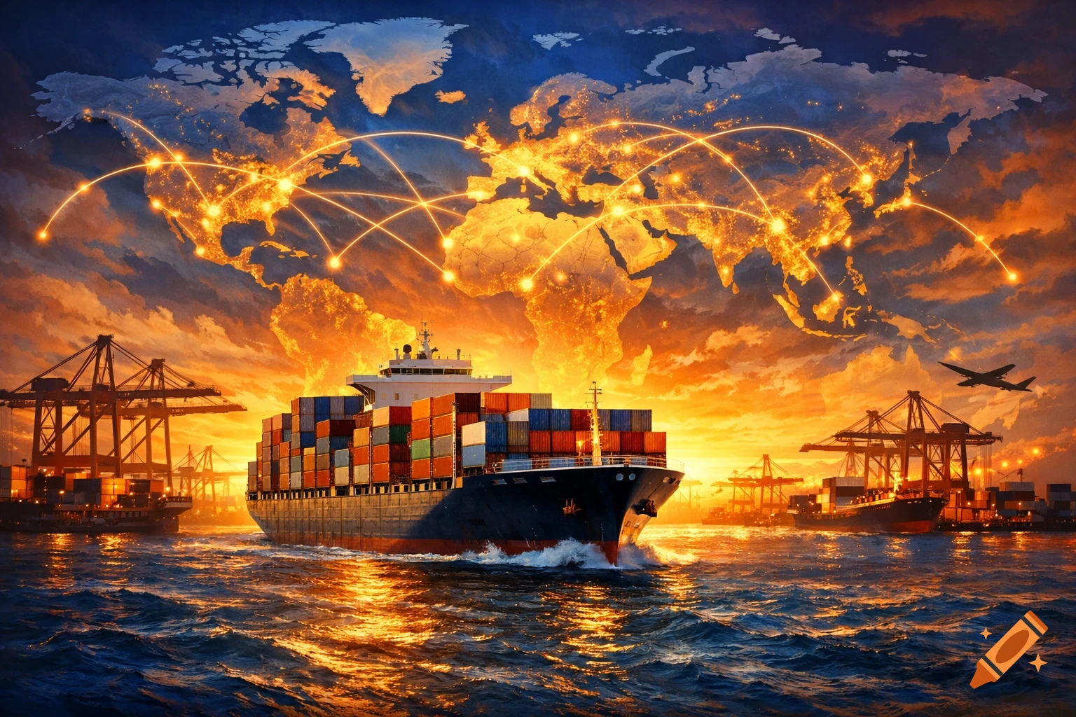 A large container ship sails on a glowing ocean at sunset, with a world map and interconnected trade routes illuminated above.
