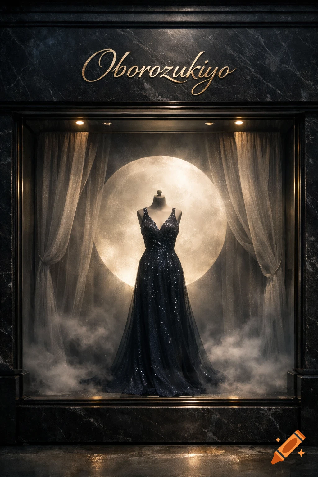 A dark blue sequined evening gown on a mannequin in a misty storefront window with a glowing moon backdrop. 'Oborozukiyo' in gold script.