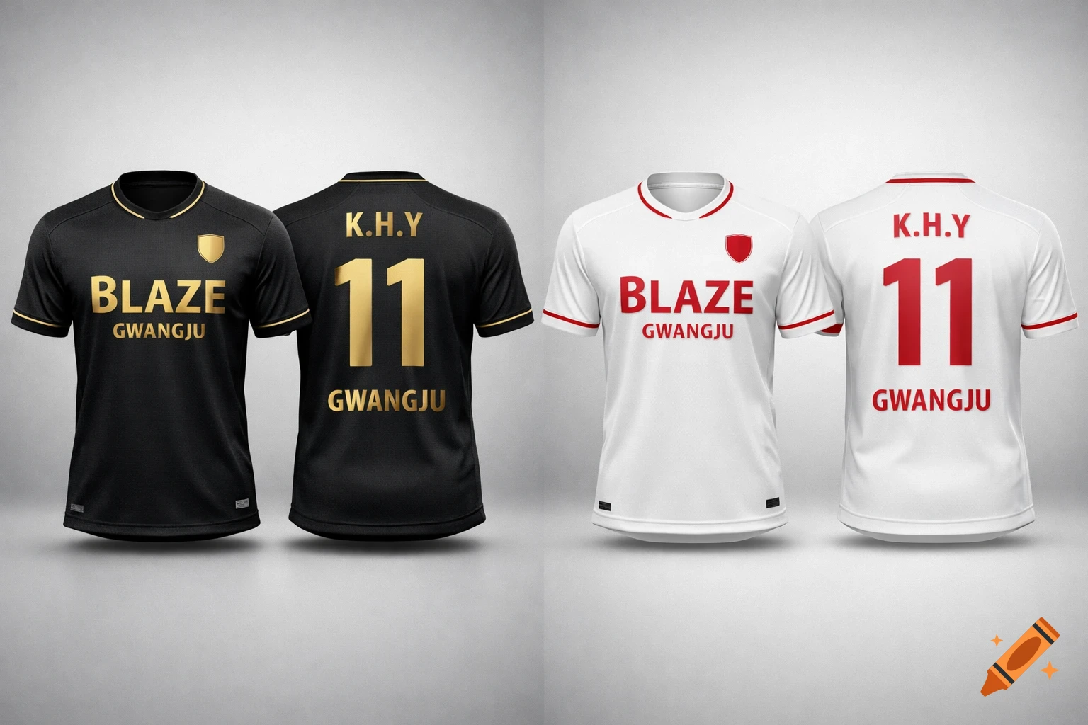 Front and back views of black and white soccer jerseys featuring 'BLAZE', 'GWANGJU', and 'K.H.Y 11' text.