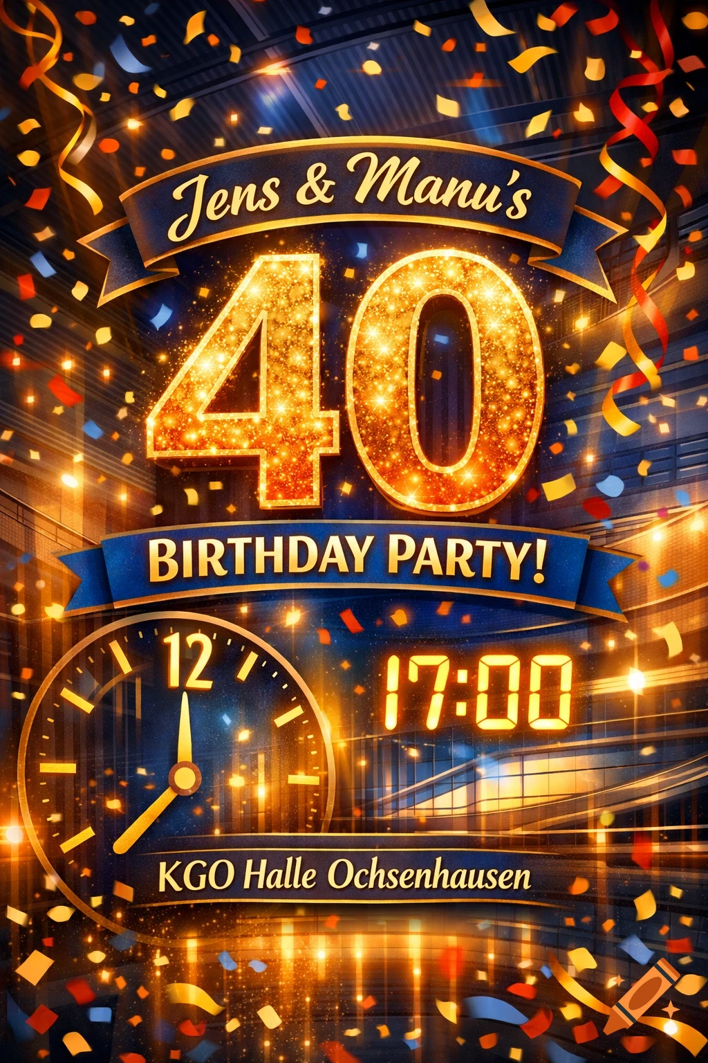 Glittering birthday invitation for Jens & Manu's 40th party, featuring golden '40', confetti, a clock, and event details.