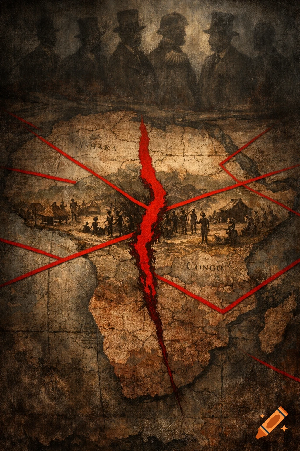 Distressed, dark illustration of a torn map of Africa with a bloody red crack, red lines, and shadowy figures of colonial men looming above.