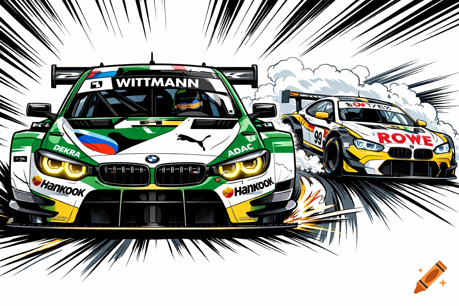Comic book style illustration of a green and white BMW M4 DTM race car with 'WITTMANN' on it, leading a yellow and white BMW M4 GT3 car from 'ROWE' through smoke, with speed lines on a white background.
