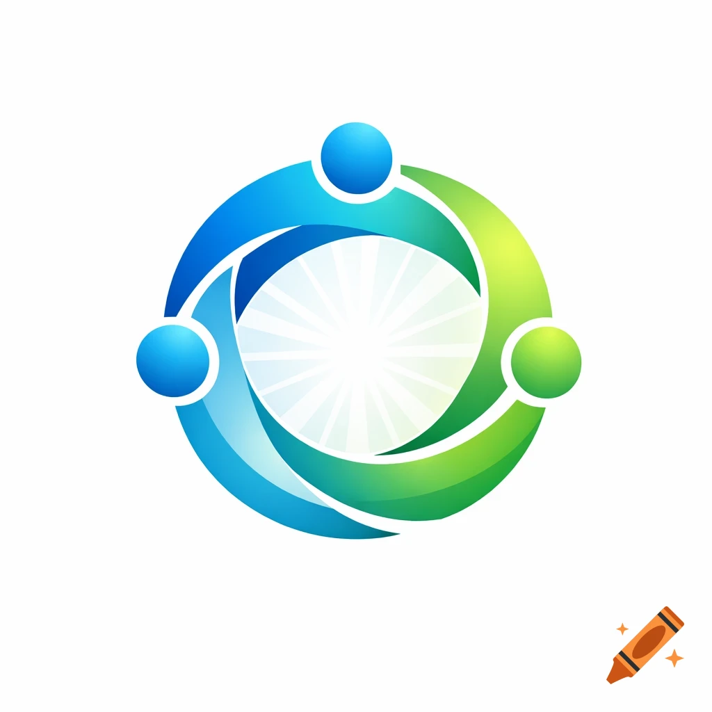 An abstract logo featuring three interconnected blue and green curved shapes forming a circle around a radiating white center, symbolizing teamwork.