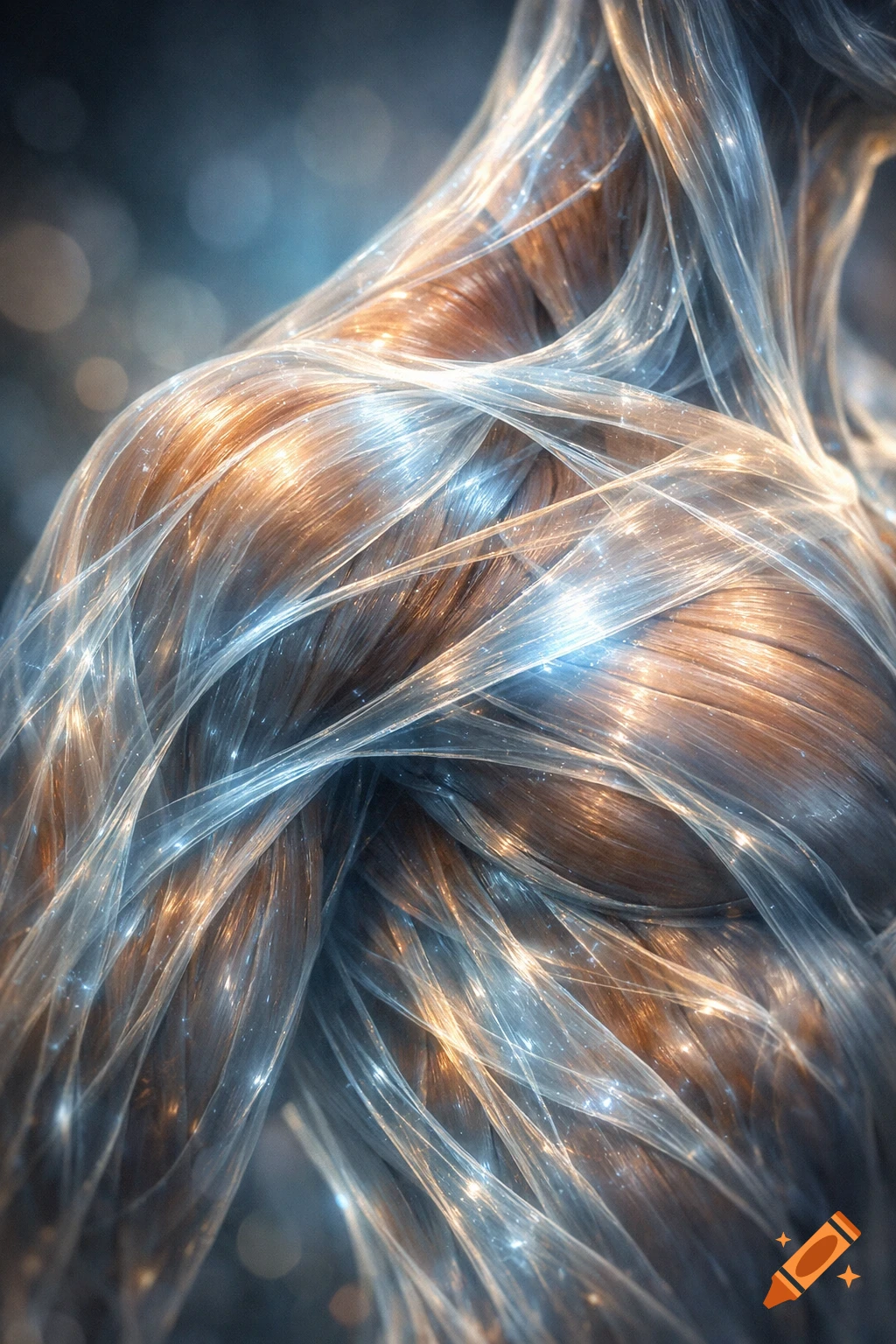 Close-up of intricate, translucent, light-streaked fibrous structures in brown, gold, and blue, resembling human fascia.