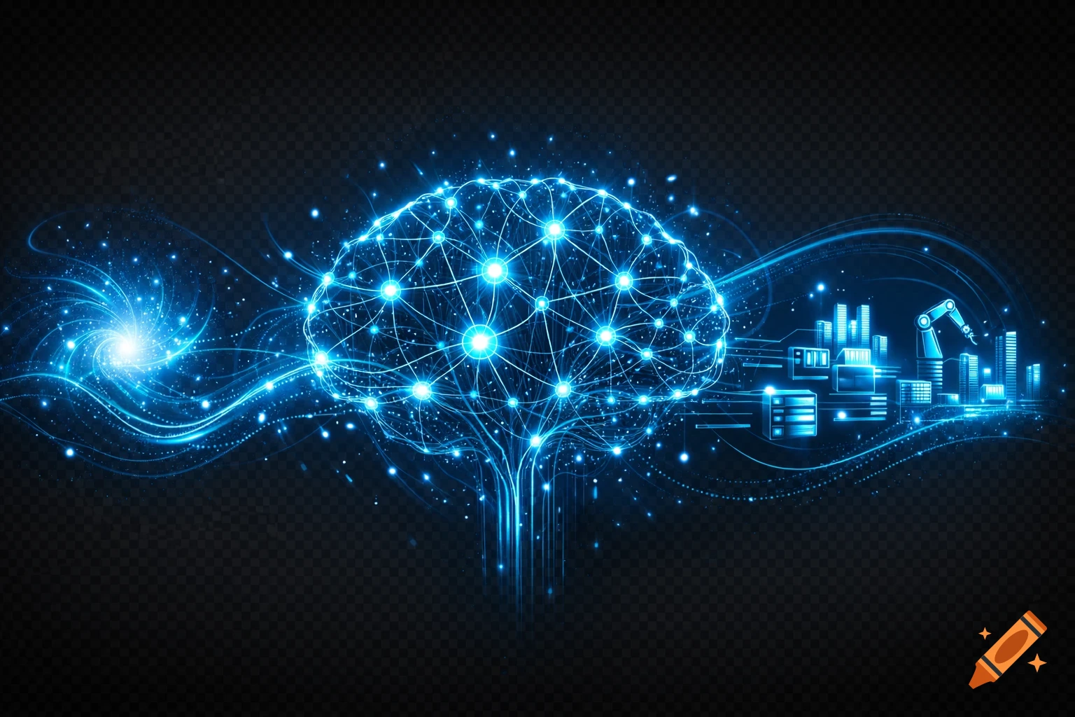 A glowing blue neural network brain connected to a futuristic cityscape with data streams and a robotic arm on a dark background.