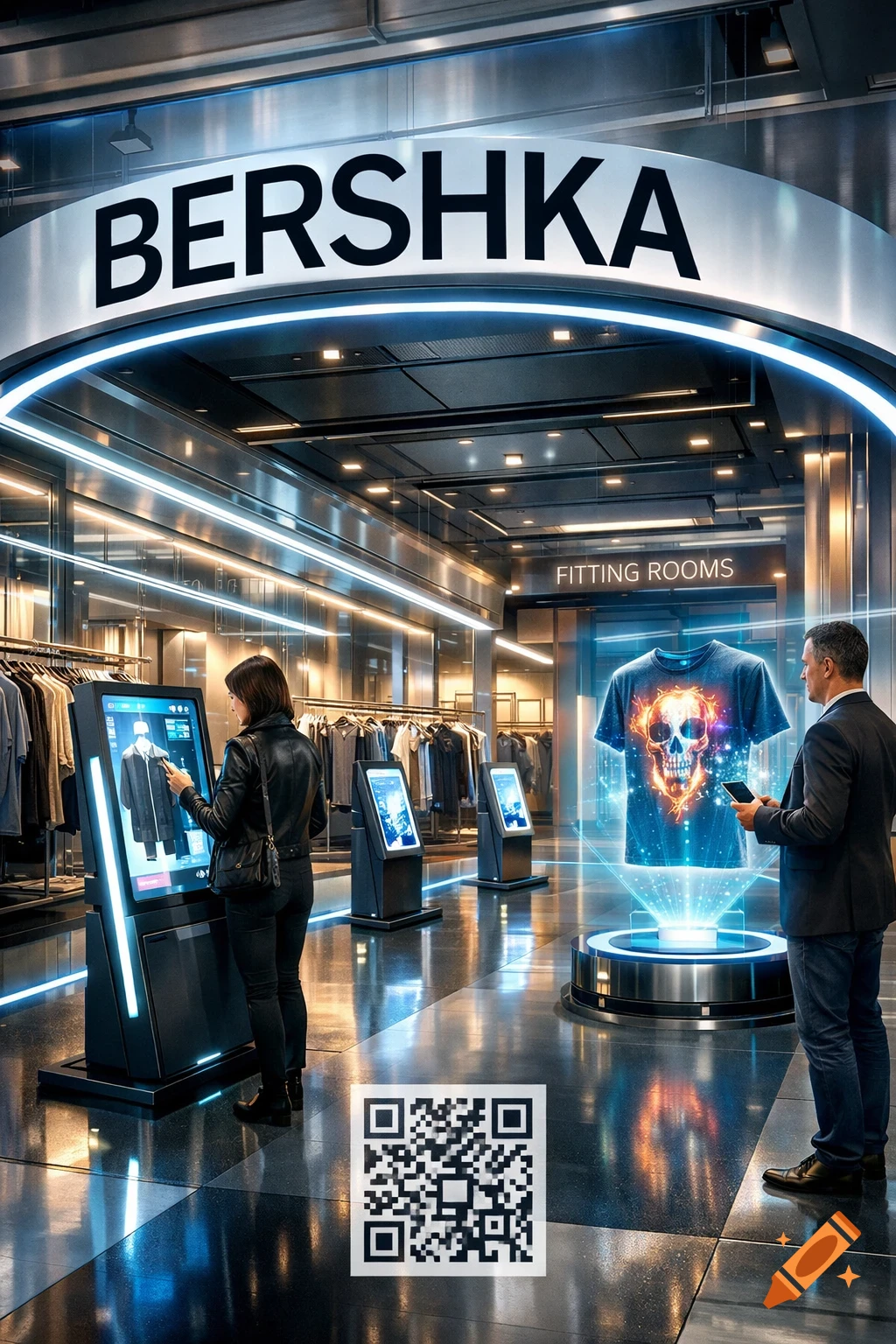 A futuristic Bershka clothing store with customers interacting with digital displays and a holographic t-shirt projection.