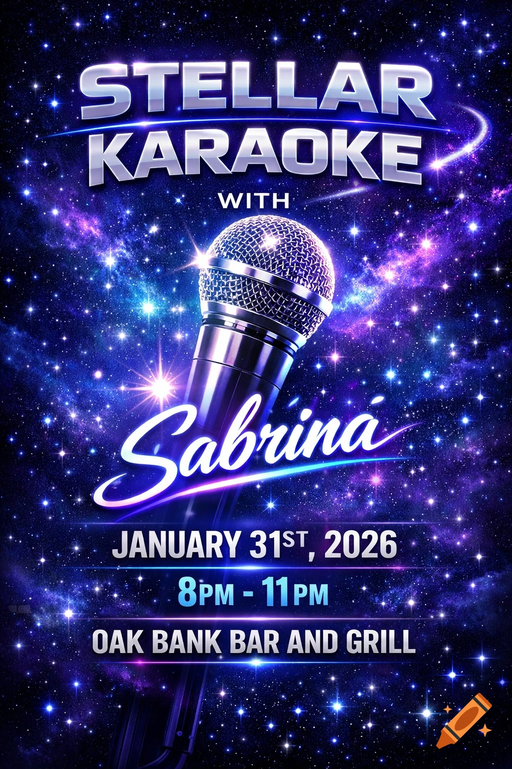 A vibrant purple and blue space-themed poster for 'Stellar Karaoke with Sabrina' featuring a microphone and event details.