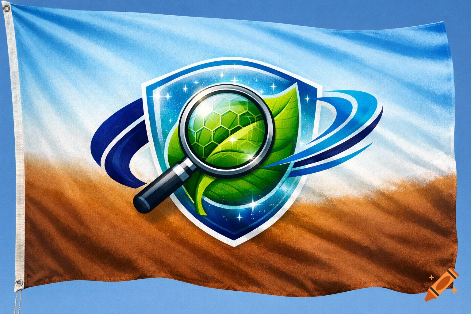 A flag with a logo featuring a magnifying glass over a green leaf within a blue shield, against a blue and brown background.