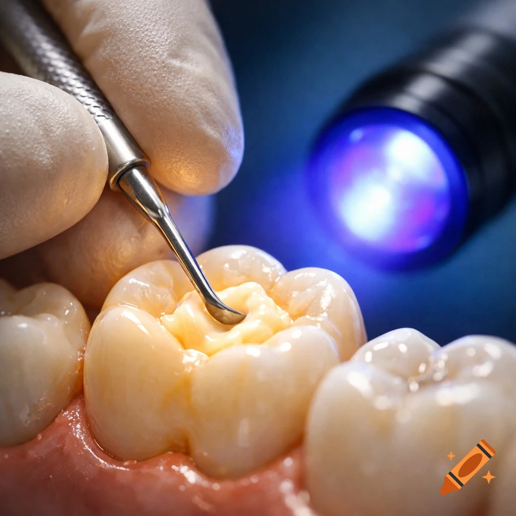Close-up of a gloved hand applying a dental filling to a molar with a tool, under blue UV light.