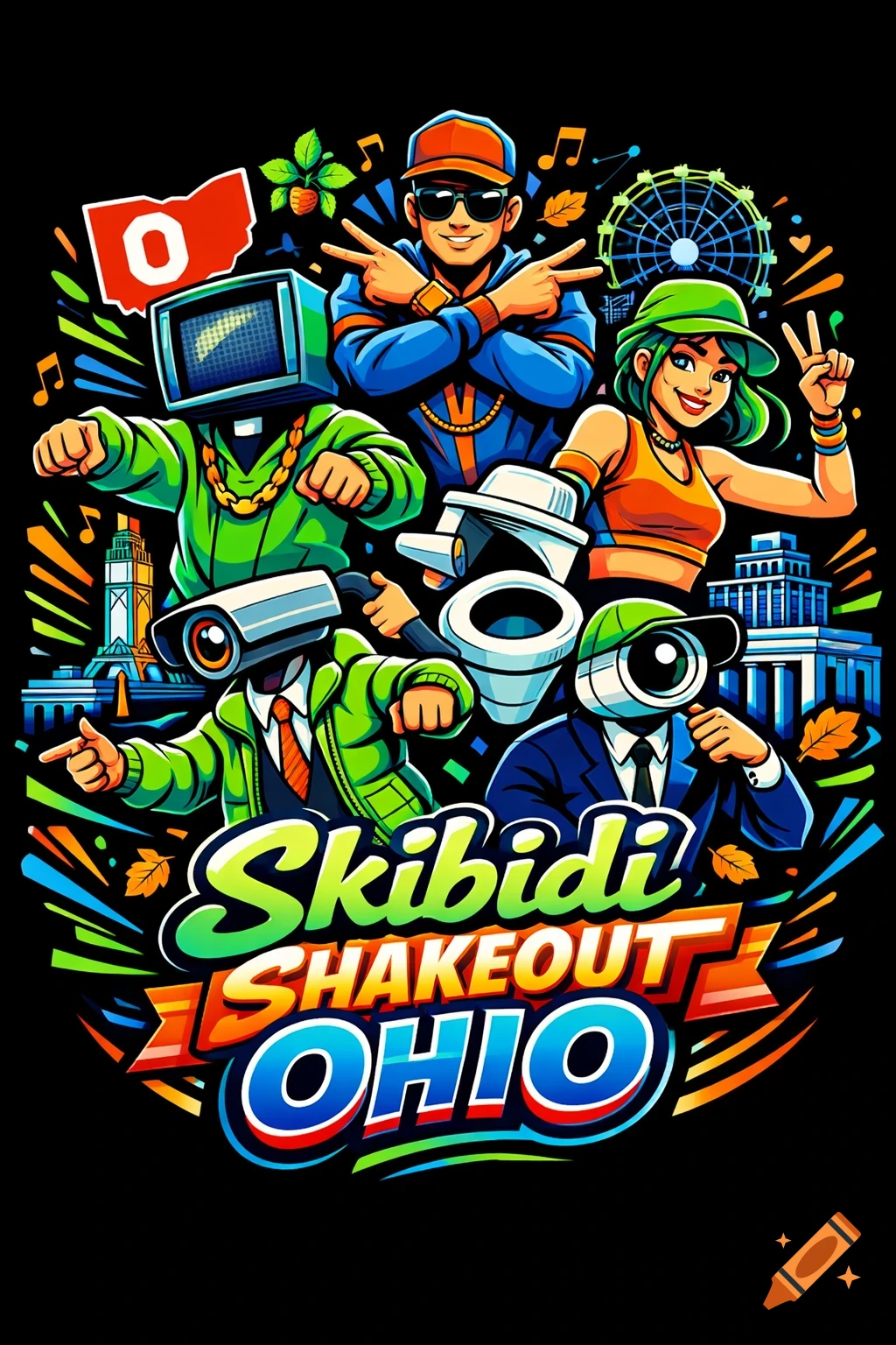 Vibrant graphic art of Skibidi-themed characters, including a TV head, camera heads, a man, and a woman, with 'Skibidi Shakeout Ohio' text.