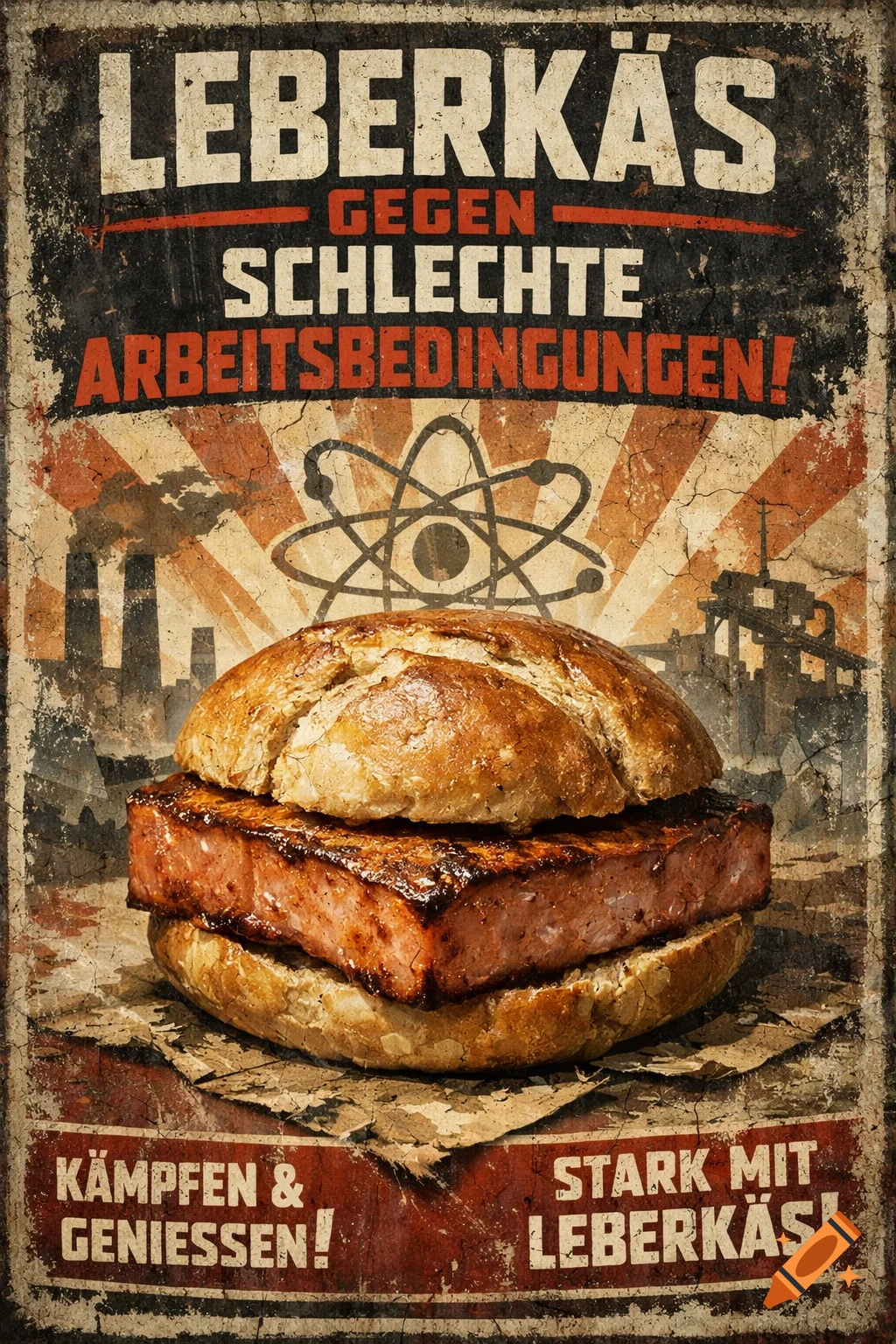 A vintage-style propaganda poster in Fallout 4 aesthetic with a Leberkäs sandwich. Text reads 'Leberkäs gegen schlechte Arbeitsbedingungen!'}.