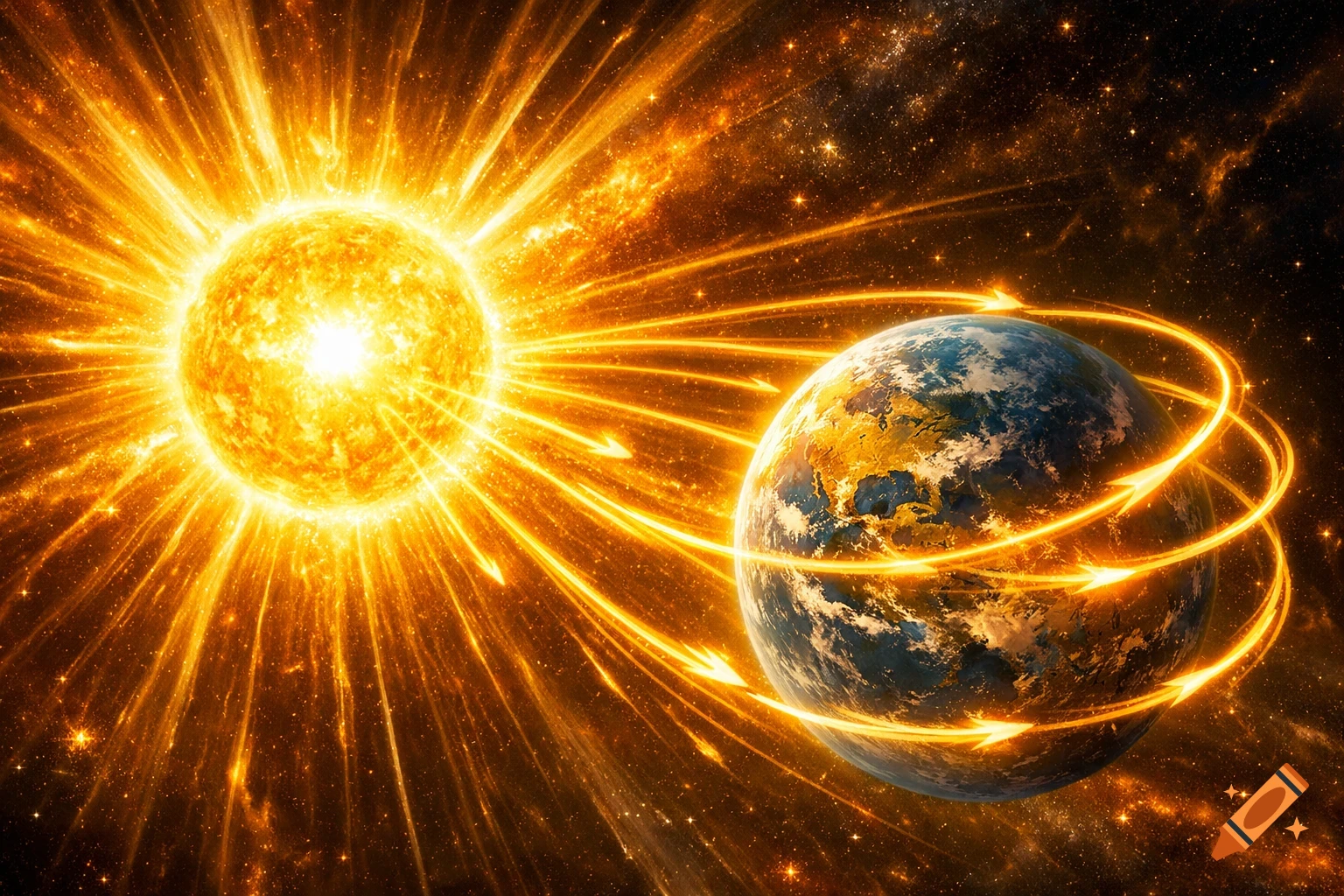 The glowing yellow sun irradiates energy towards the blue and green Earth, encircled by bright orange light paths with arrowheads indicating solar energy in a star-filled cosmos.