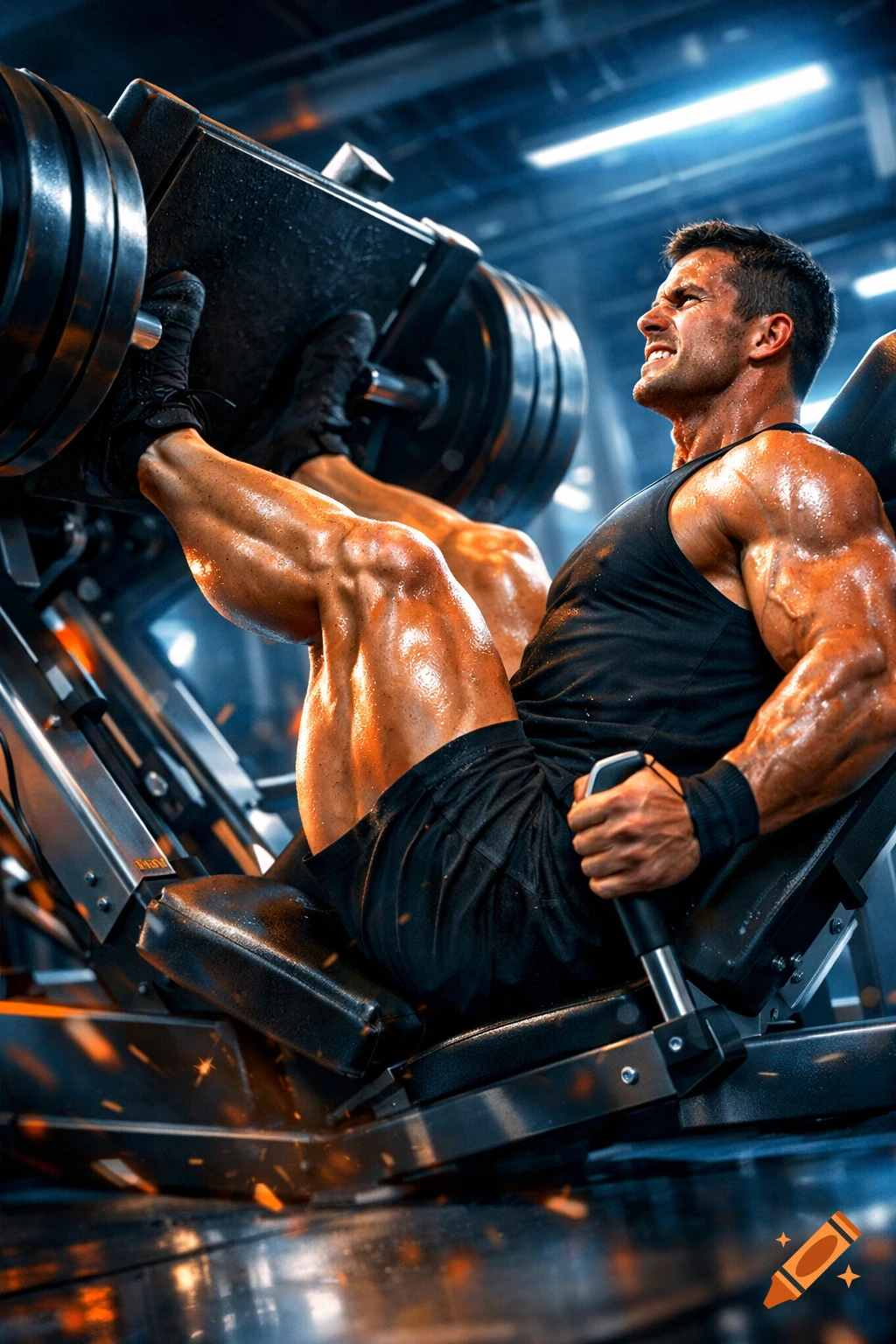 A very muscular man intensely performing leg presses on a machine in a dramatic gym setting.