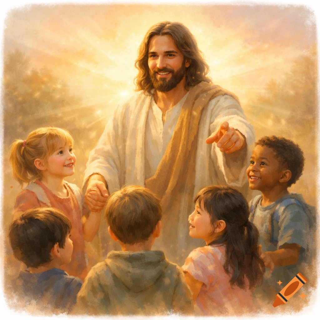 Digital painting of Jesus with long hair and a beard, smiling and pointing, surrounded by diverse, happy children in a warm, glowing light.
