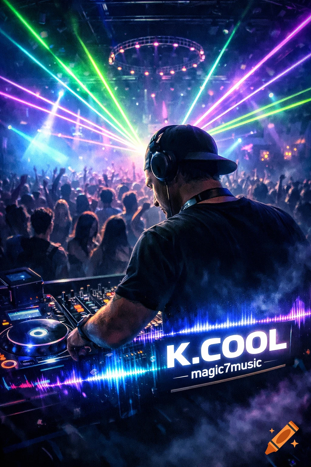 A DJ in a cap and headphones mixes music at a vibrant club, with laser lights and a dancing crowd. Text reads 'K.COOL magic7music'.