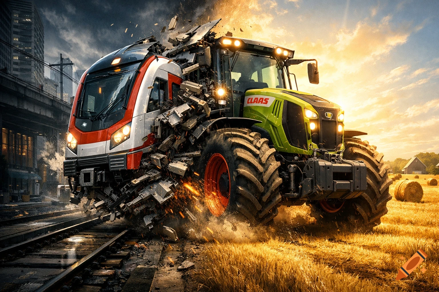 A red and white train transforms into a green CLAAS tractor, with a city on the left and farmland on the right, cinematic.