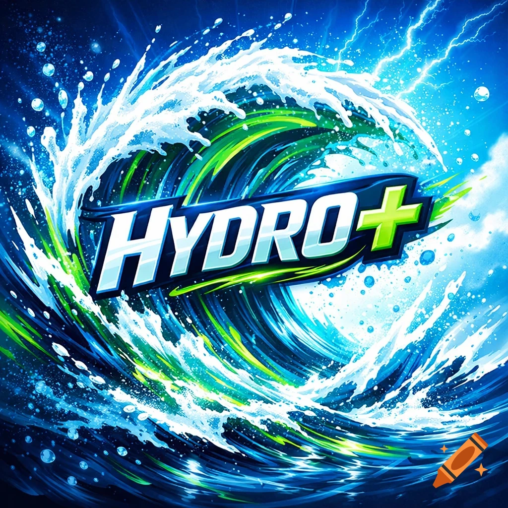 Dynamic logo for 'HYDRO+' with a swirling wave and lightning against a blue sky, stylized.