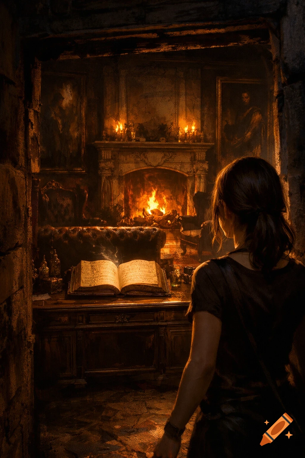 A woman stands in a dimly lit, ornate secret room, looking at an open book on a credenza before a grand fireplace and paintings.