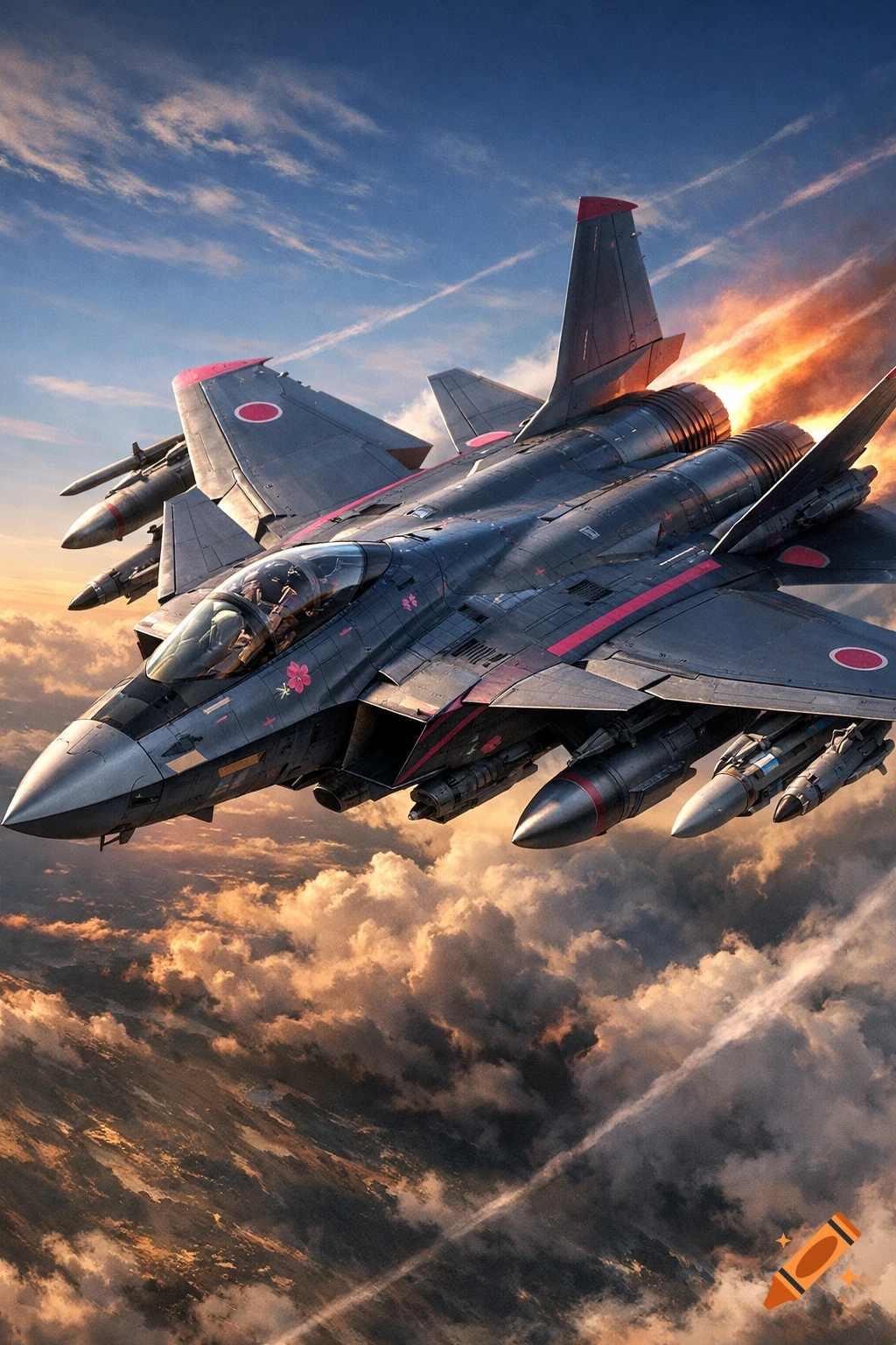 A futuristic dark grey fighter jet with red and pink accents, including a cherry blossom symbol, flies through a cloud-filled sky at sunset, leaving a fiery trail from its engines.