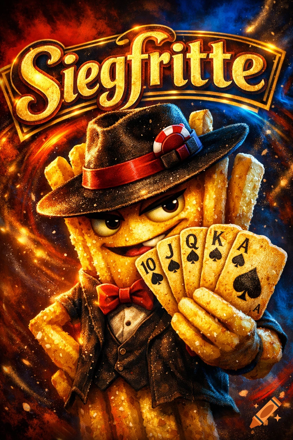 A stylized, anthropomorphic french fry character wearing a fedora, suit, and bowtie, holding a royal flush of spades against a fiery, blue background. The text "Siegfritte" is above.