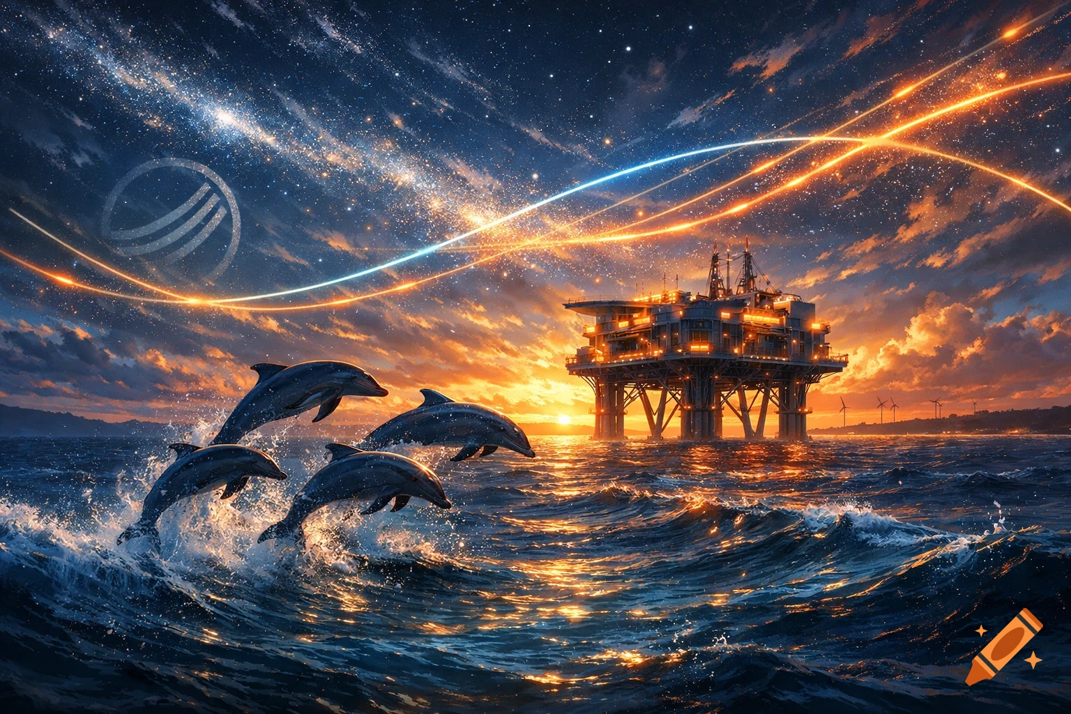 Photorealistic image of dolphins leaping from ocean waves near an illuminated offshore oil rig under a starry sky with glowing energy lines.