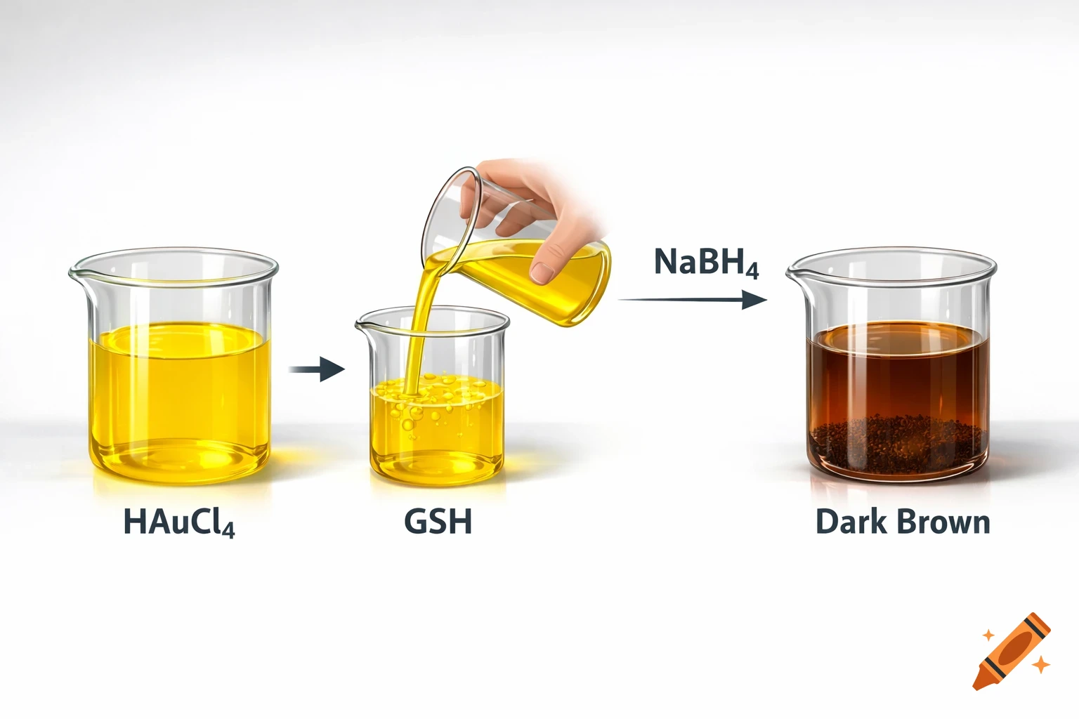 Illustration of a chemical reaction where yellow HAuCl4 liquid is mixed with GSH, then reacts with NaBH4 to form a dark brown solution in beakers.