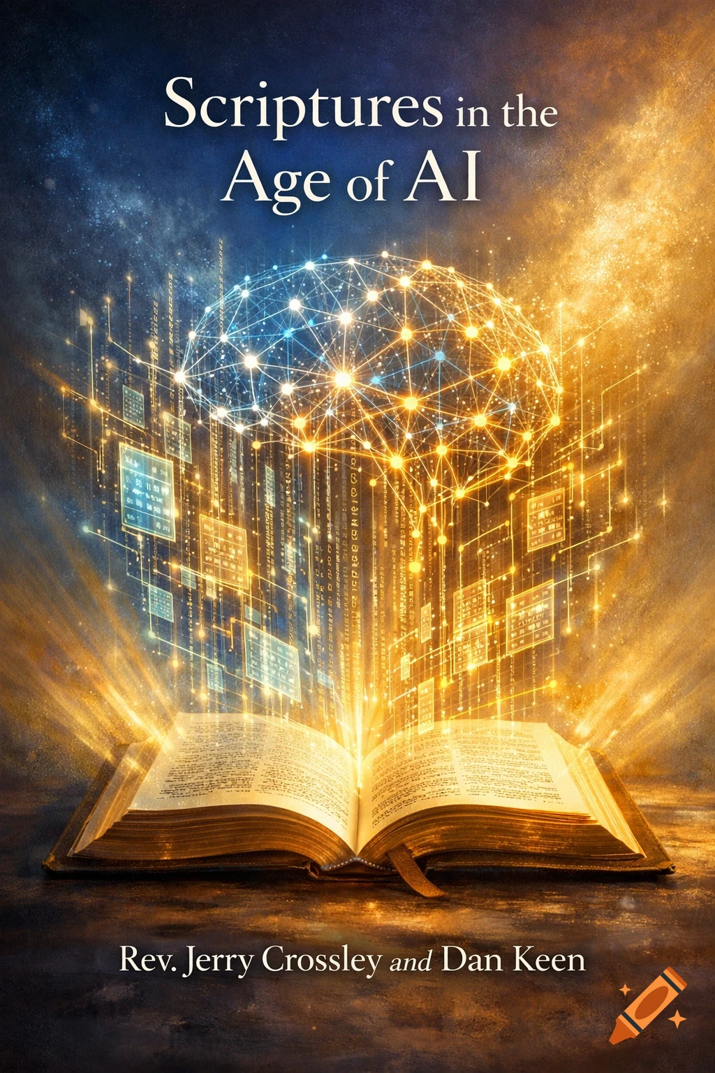 Book cover for "Scriptures in the Age of AI" by Rev. Jerry Crossley and Dan Keen, featuring an open book and a glowing network brain.